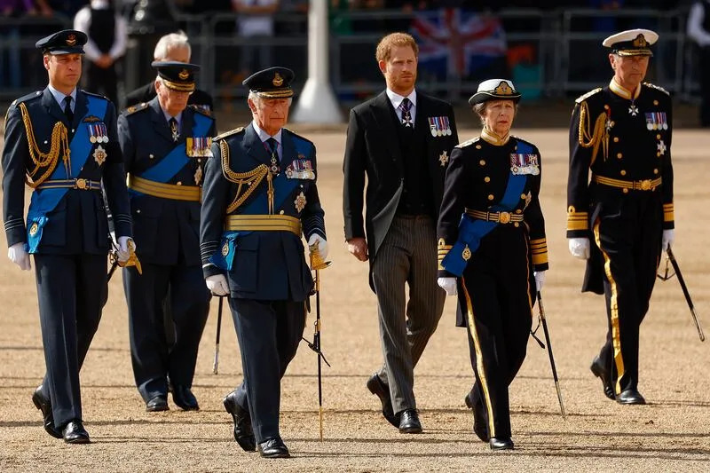 From left, Prince William, the Duke of Gloucester, King Charles III, Prince Harry, Princess Anne and Timothy Laurence follow the coffin of Queen Elizabeth II from Buckingham Palace to Westminster Hall, London, on Sept. 14, 2022. | Jeff J Mitchell, Associated Press