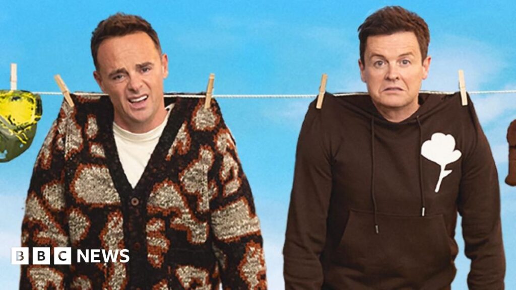 Ant and Dec pictured apparently hanging from a washing line in a promotional image for their new podcast Hanging Out