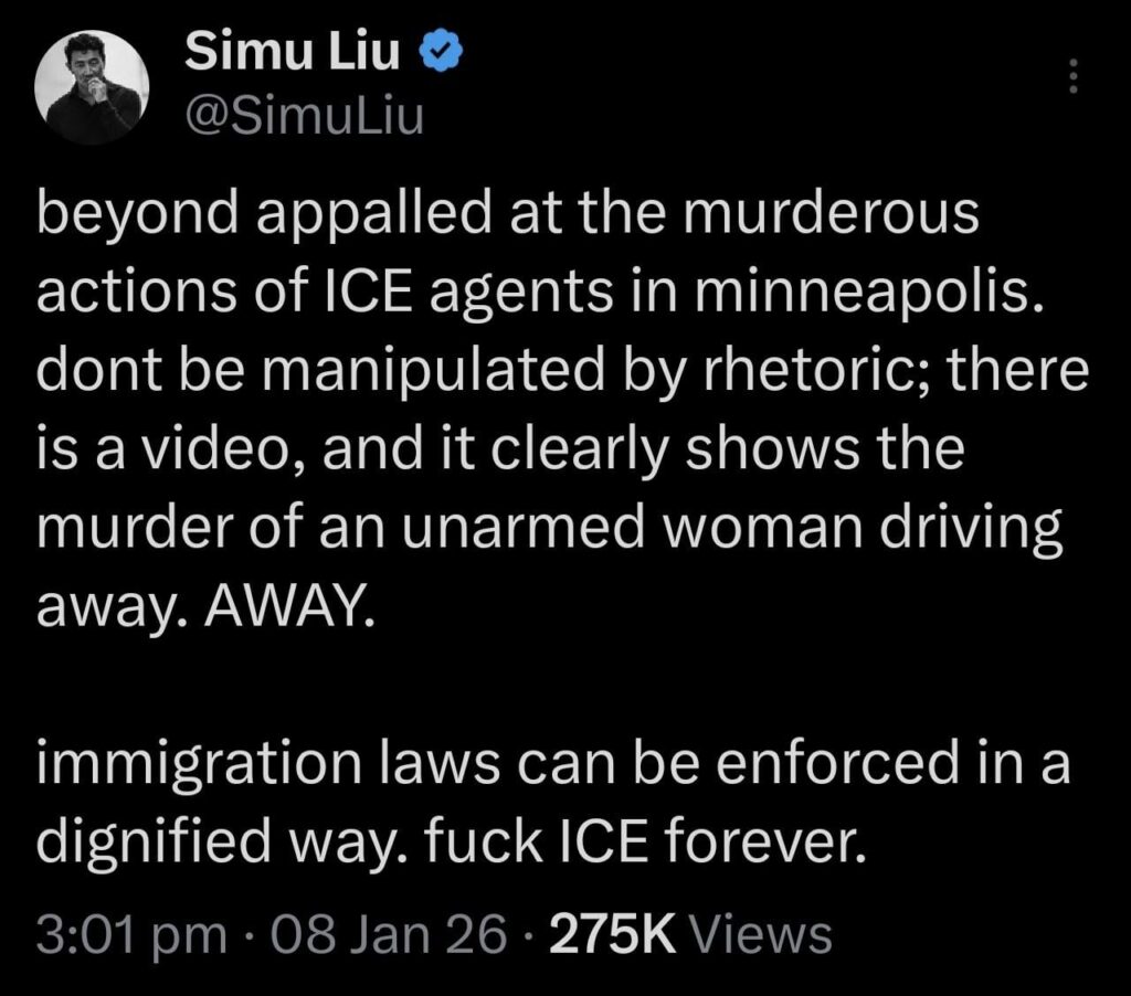 Simu Liu’s reaction to the shooting of Renee Nicole Good.