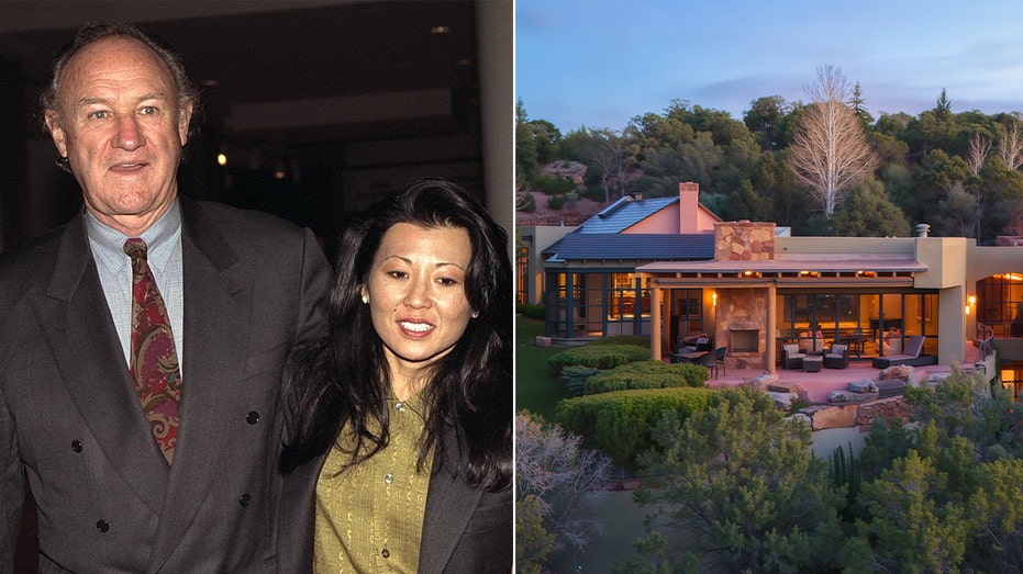 A split of Gene Hackman with is wife and the outside of their former home.