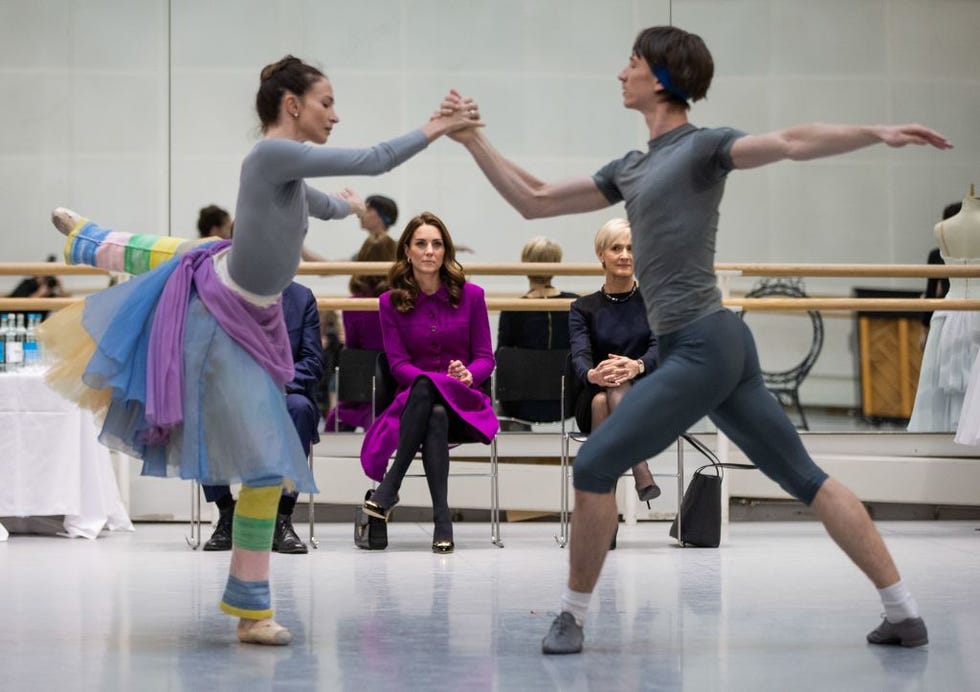 britains catherine, duchess of cambridge, (c) watches royal ballet principal dancers lauren cuthbertson (l) and vadim muntagirov (r) rehearsing the romantic ballet the two pigeons during a visit to the royal opera house in london on january 16, 2019. the duchess visited the costume department at the royal opera house to learn about the departments work and how different textiles influence various costumes. the royal opera house costume department is responsible for creating, refurbishing and conserving thousands of opera and ballet costumes per season, with up to 600 costumes per production. (photo by heathcliff omalley / pool / afp) (photo credit should read heathcliff omalley/afp via getty images)