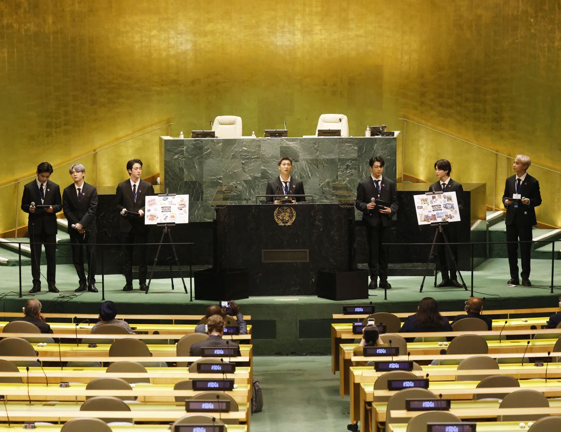 The members of BTS speak at an event at the United Nations General Assembly in New York City on September 20, 2021.