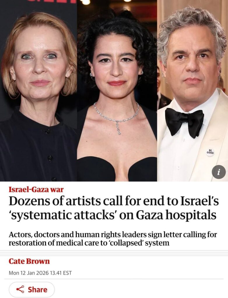 Cynthia Nixon, Ilana Glazer, Mark Ruffalo, & more celebs call for end to Israel’s attacks on Gaza hospitals: ”The government of Israel has deliberately inflicted conditions of life calculated to bring about the destruction of Palestinians in Gaza & then denied the very help that could save them.”