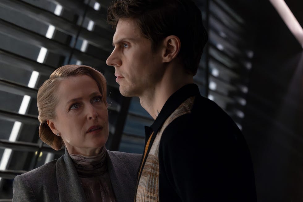 Gillian Anderson and Evan Peters in Tron: Ares gillian anderson and evan peters in tron: ares