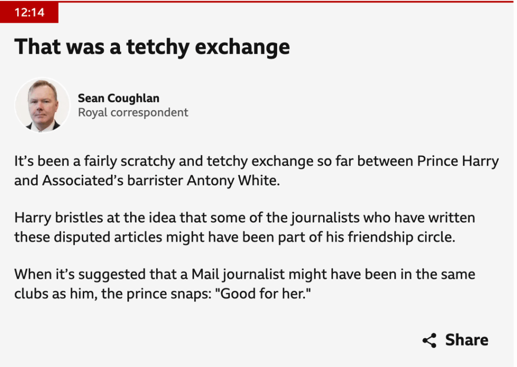 Harry's testimony so far: 'tetchy exchanges' with the Daily Mail's barrister over whether Katie Nicholl was a friend, and a rebuke from the judge to stop 'arguing the case' from the stand