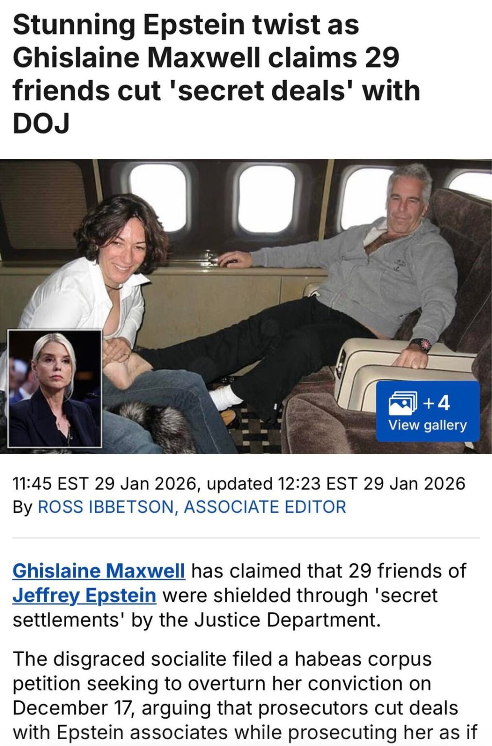 Ghislaine Maxwell has claimed that 29 friends of Jeffrey Epstein were shielded through 'secret settlements' by the Justice Department