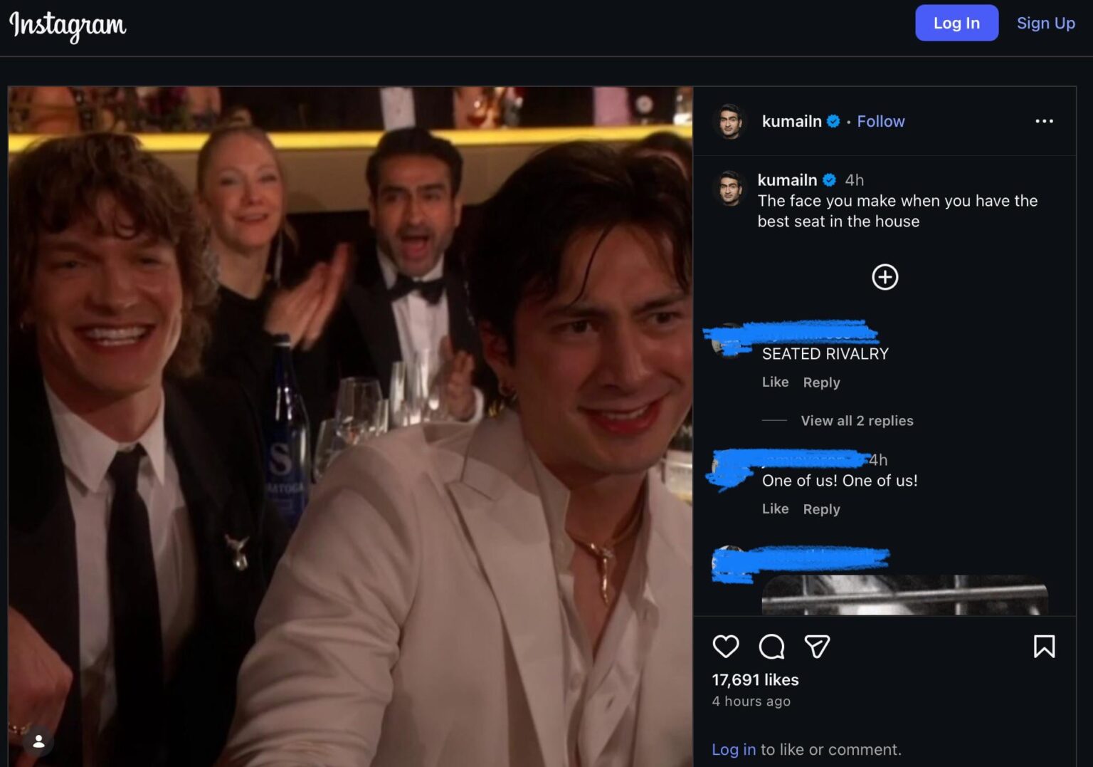 Kumail Nanjiani on IG: “The face you make when you have the best seat in the house”