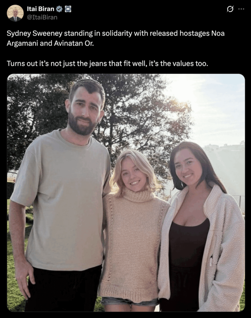 Sydney Sweeney meets with freed Israeli hostages