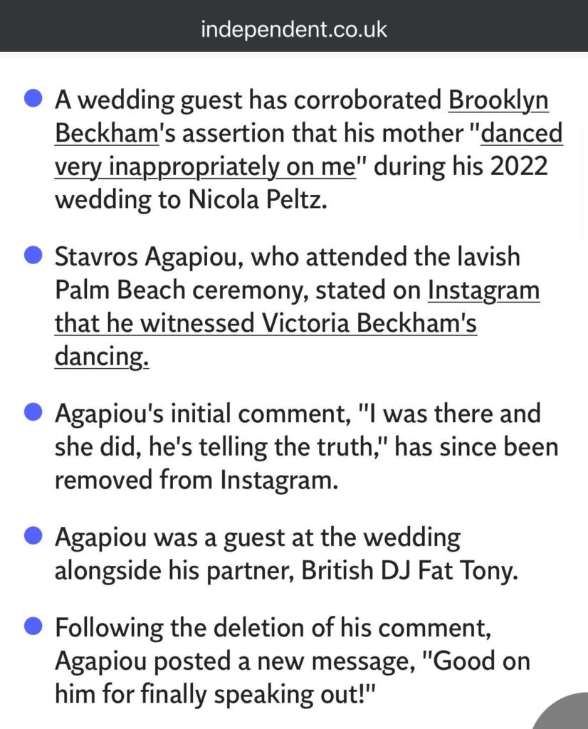Guest at Brooklyn Beckham’s wedding confirms his account of the wedding dance before deleting Instagram post