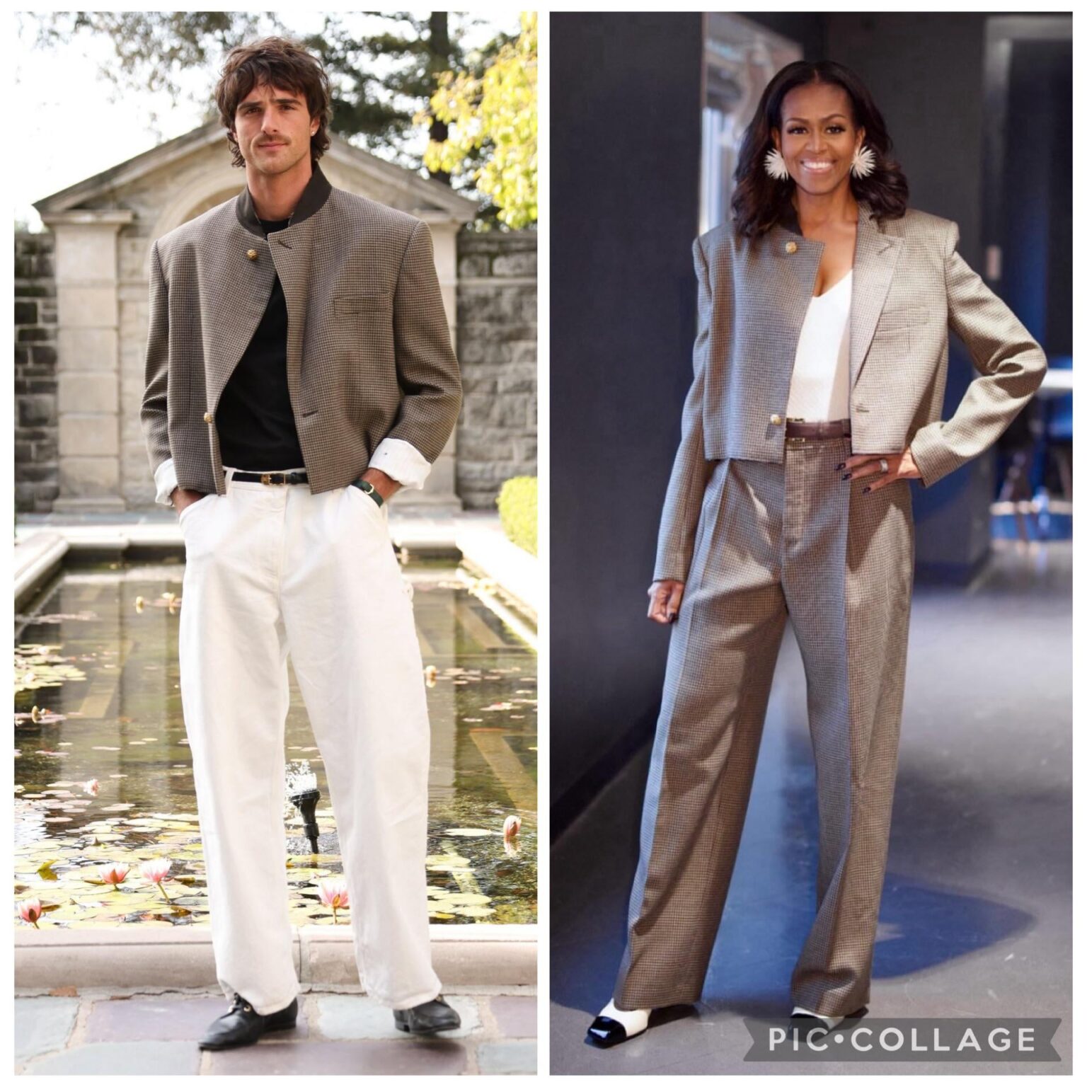 Jacob Elordi and Michelle Obama twinning in Chanel SS26