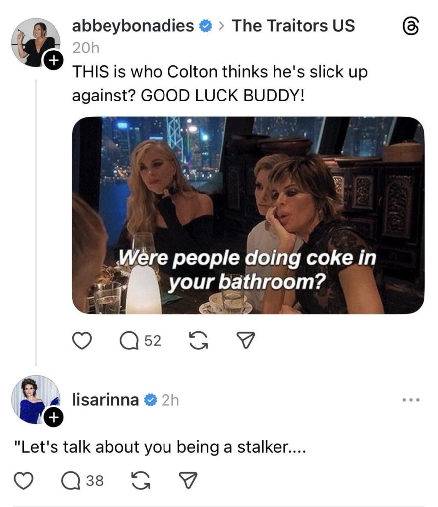 Lisa Rinna calls out Traitors co-star Colton Underwood on Threads for his past in stalking his ex.