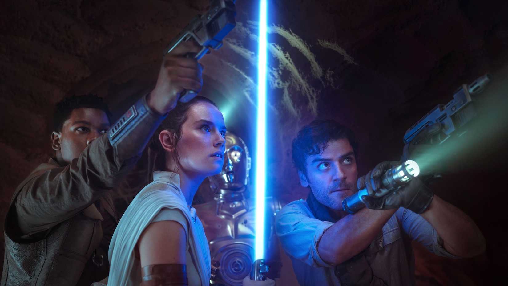 John Boyega as Finn, Daisy Ridley as Rey, and Oscar Isaac Poe in Star Wars: Episode IX – The Rise of Skywalker