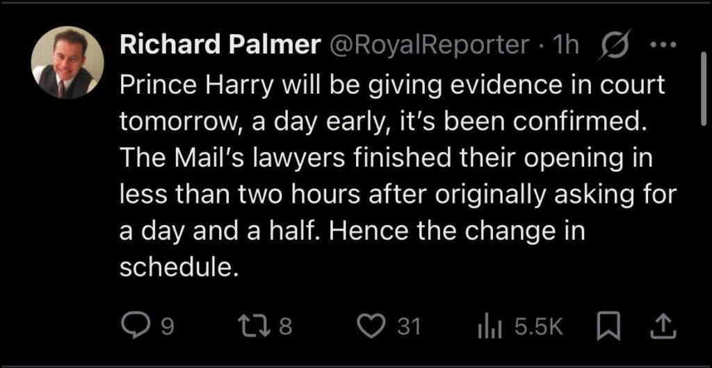 Prince Harry to testify in court tomorrow, a day early