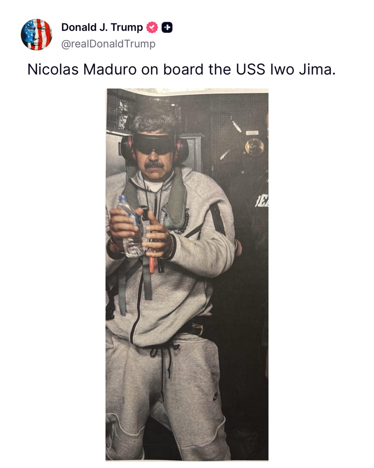 President Trump posted a photo of captured President Nicolas Maduro on board the USS Iwo Jima.