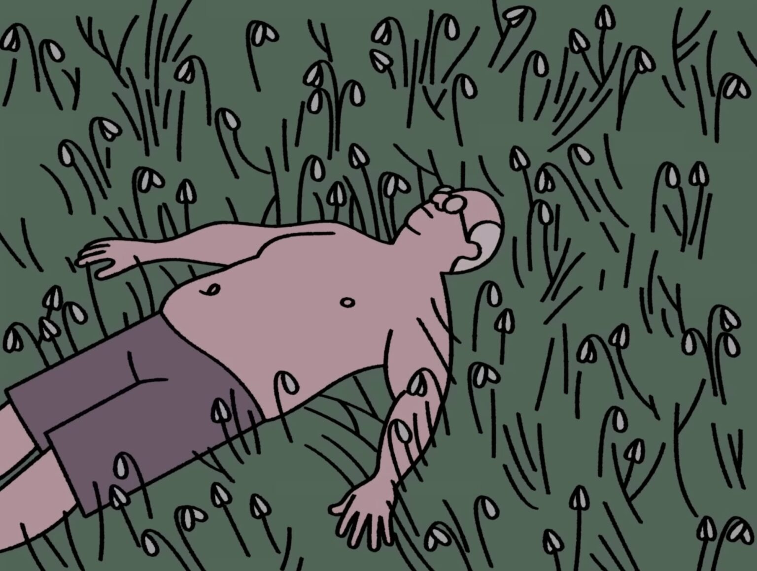 a still of a shirtless man in grass