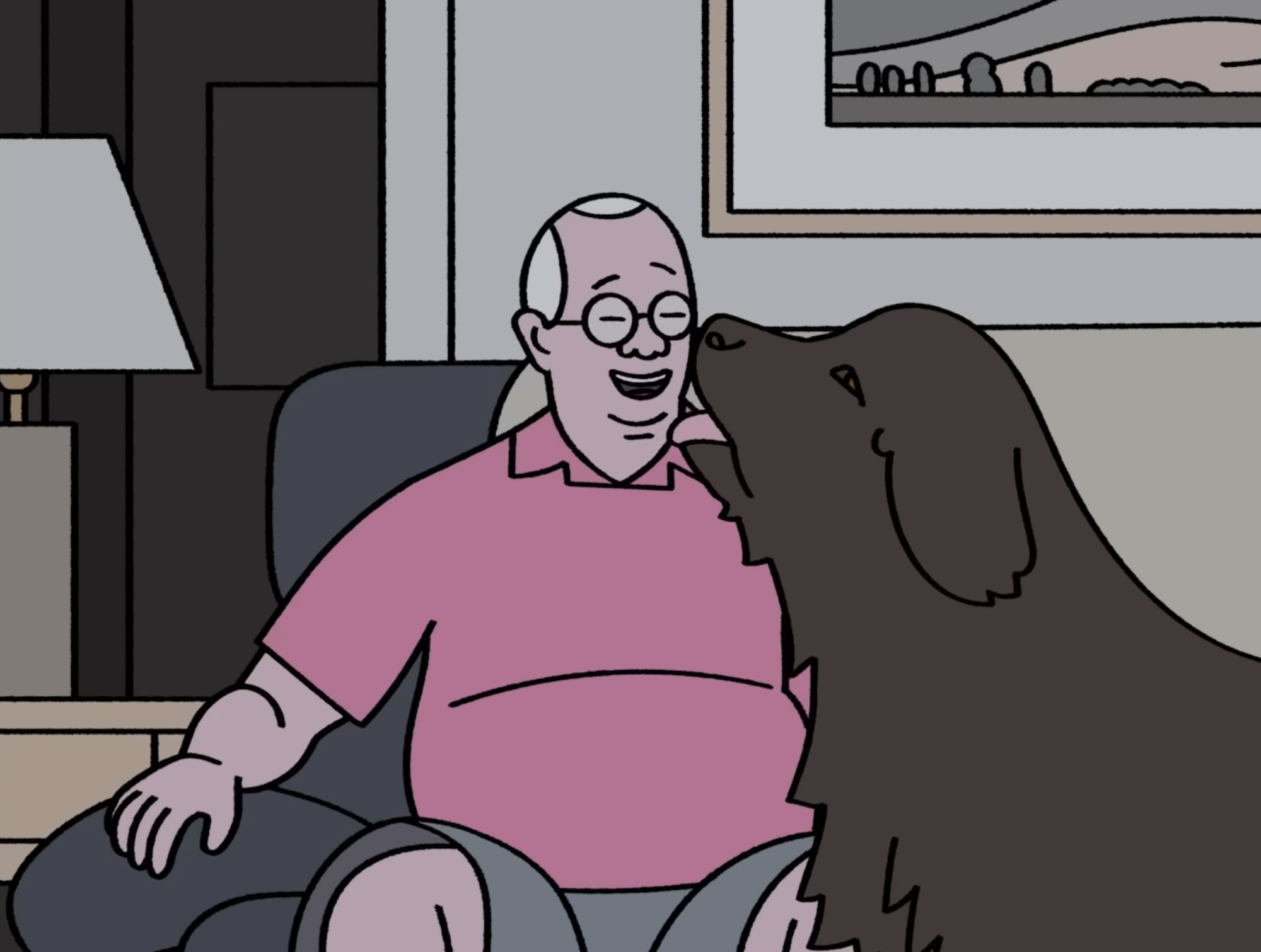 a still of a dog licking a man's face