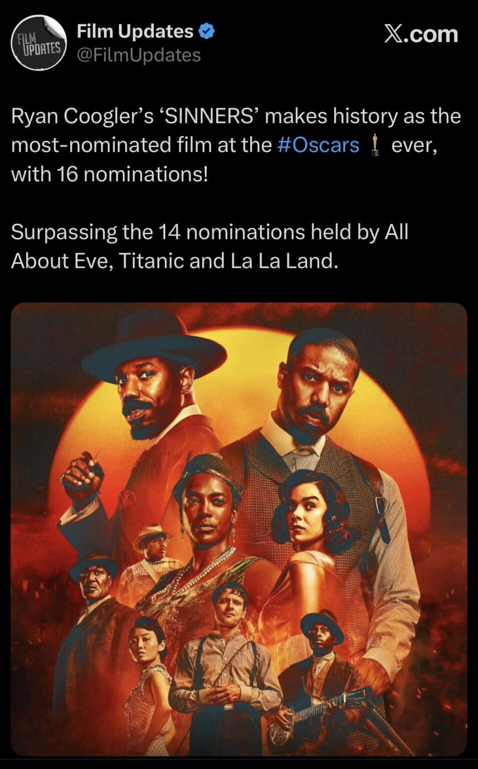 Ryan Coogler’s ‘Sinners’ makes history as the most-nominated film at the Oscars, with 16 nominations