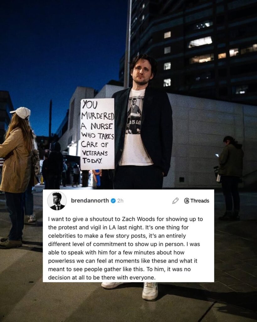 Actor Zach Woods attended the ICE protest & Alex Pretti vigil in Downtown LA on Saturday, carrying a sign that said: “YOU MURDERED A NURSE WHO TAKES CARE OF VETERANS TODAY.”