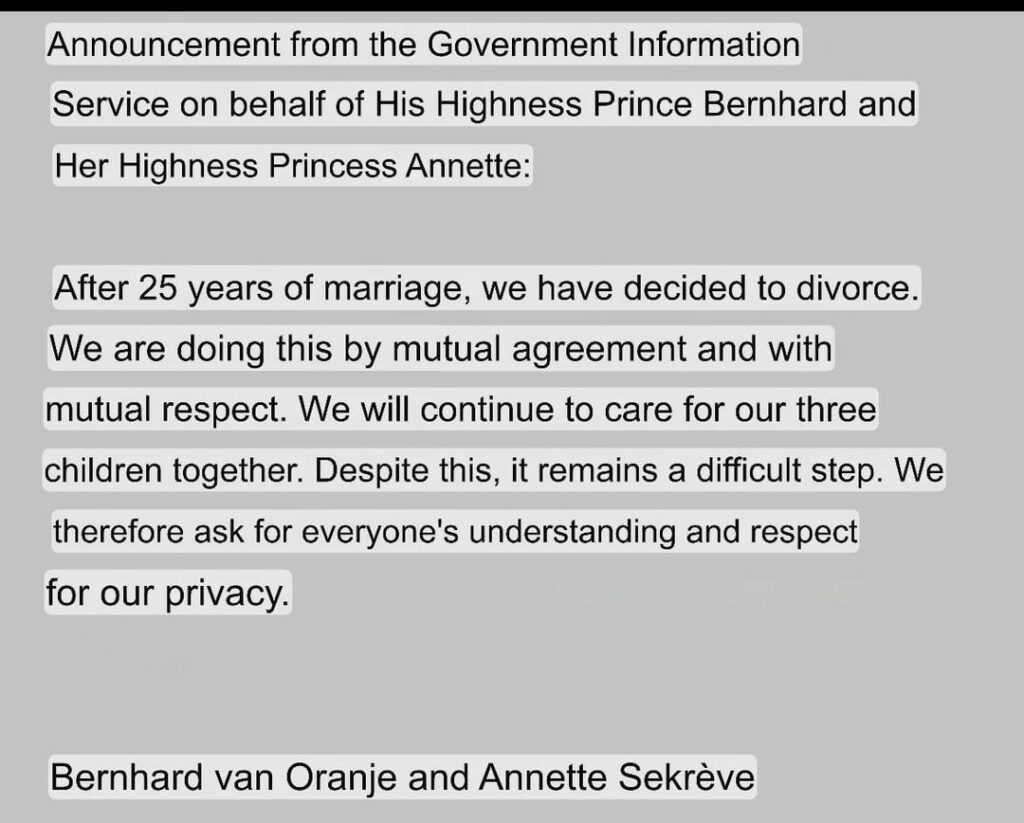 Prince Bernhard and Princess Annette announce divorce after 25 years of marriage