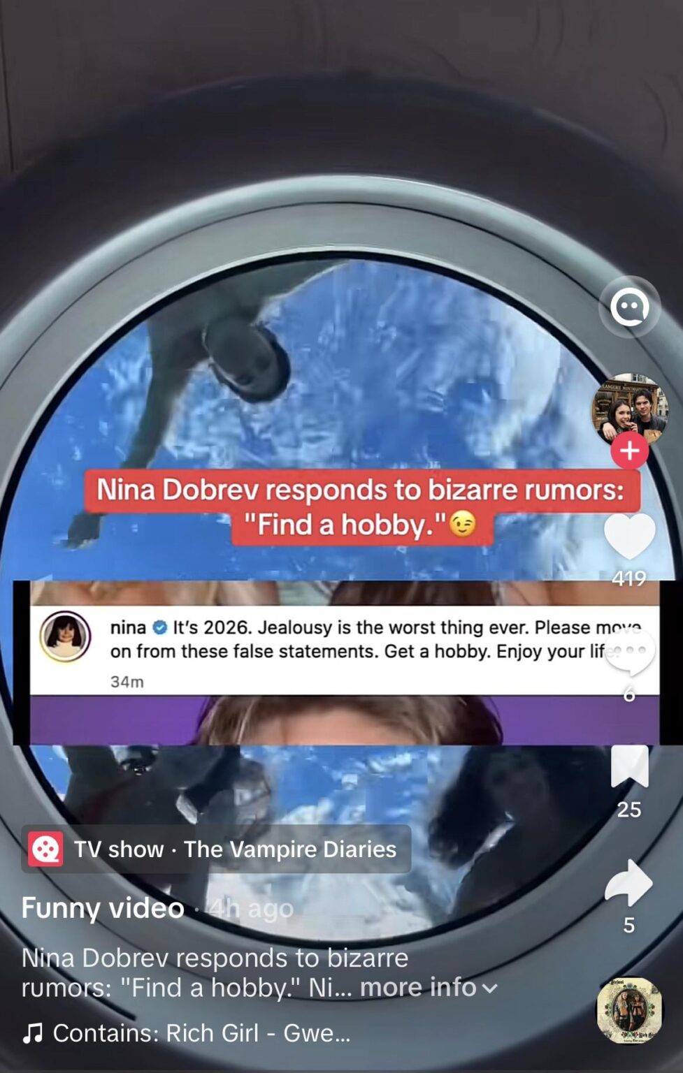 Nina Dobrev responding to people inferring she’s a “yacht girl”- “It’s 2026. Jealousy is the worst thing ever. Please move on from these false statements. Get a hobby. Enjoy your life.”