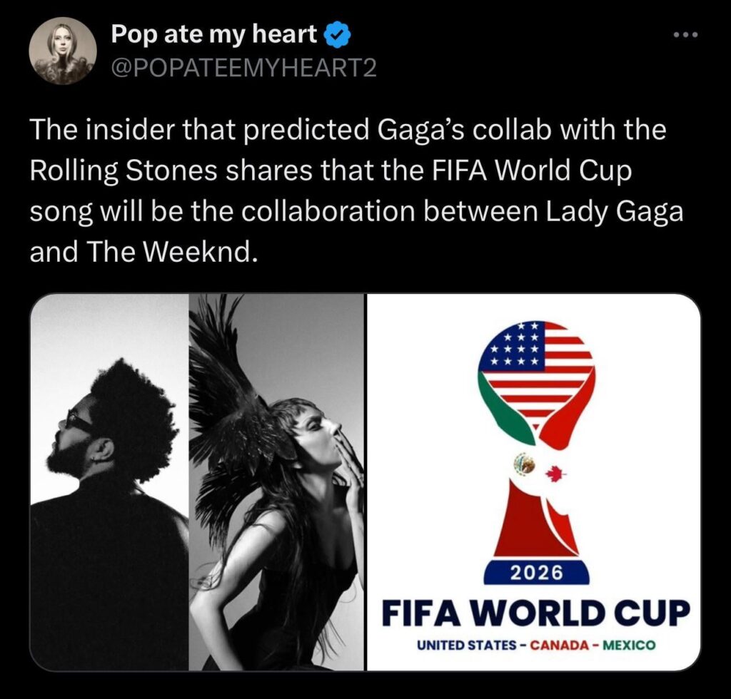 [RUMOR] The possible collaboration between The Weeknd and Lady Gaga is now rumored to be a FIFA World Cup song.