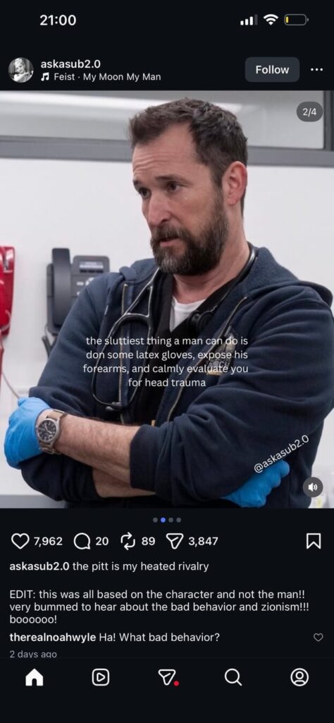 Noah Wyle comments under Instagram post after the poster said they were dissapointed to hear about his zionism and past bad behavior. Gets dragged in the comments.