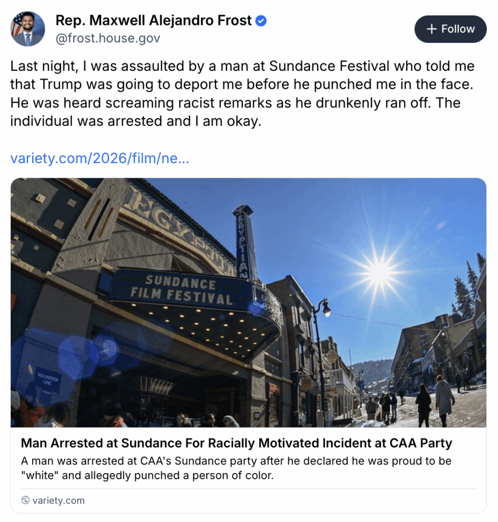 Rep Maxwell Frost was punched in the face at Sundance while being targeted by racist remarks