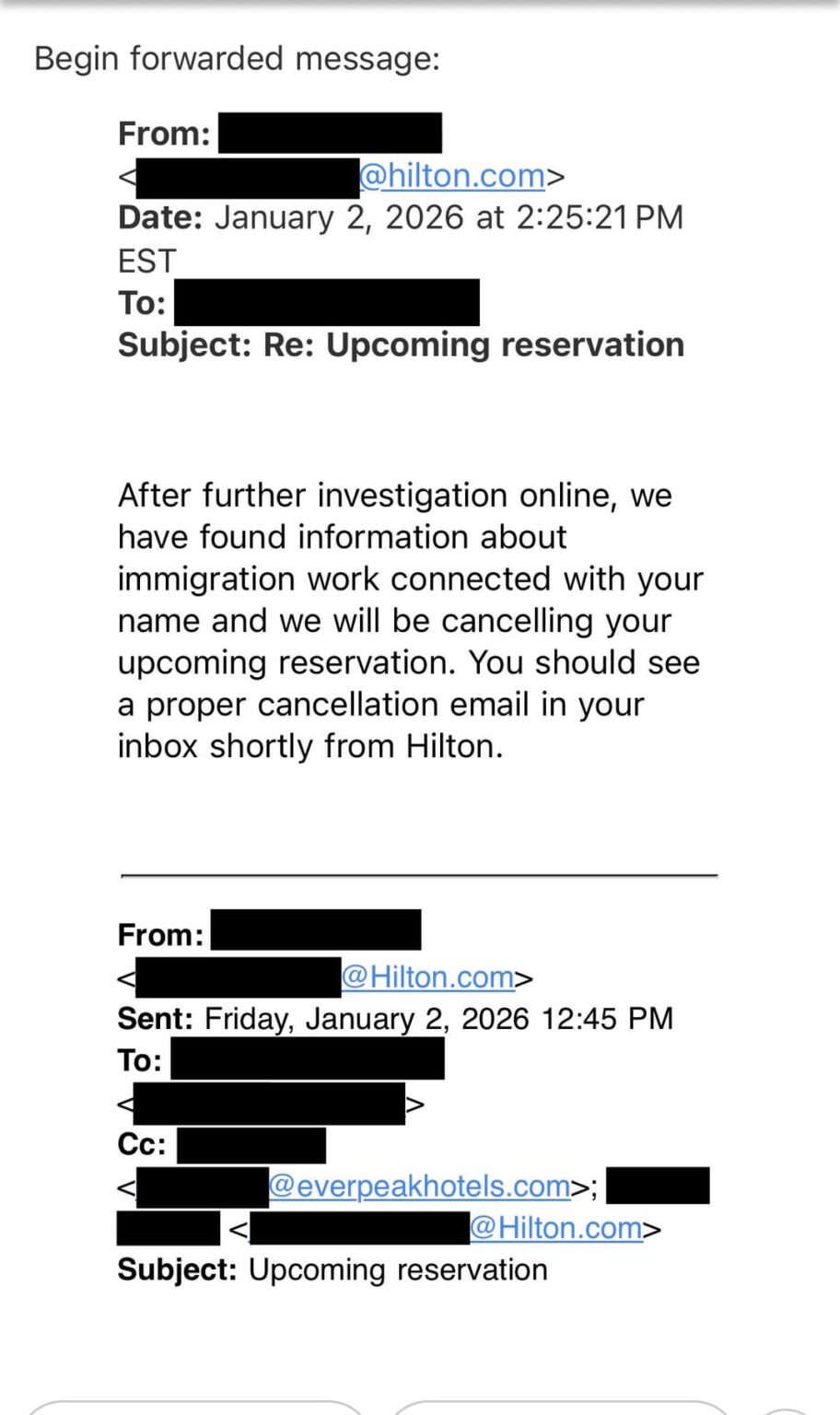 Hilton Hotels in Minneapolis, which has more than 600 properties is refusing service to DHS/ICE agents. When officers attempted to book rooms using official government emails, Hilton cancelled their reservation. “We are not allowing any ice or immigration agents to stay at our property”