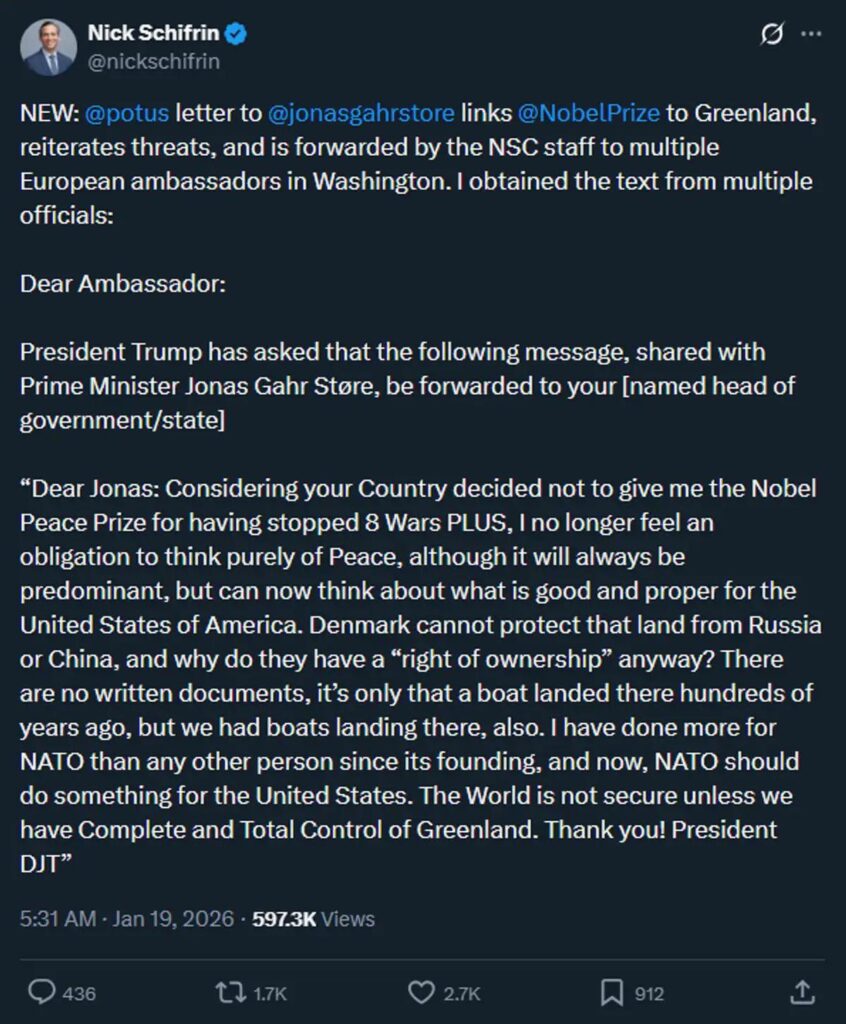 Trump letter to Norwegian PM Støre regarding the Nobel Peace Prize and Greenland today: