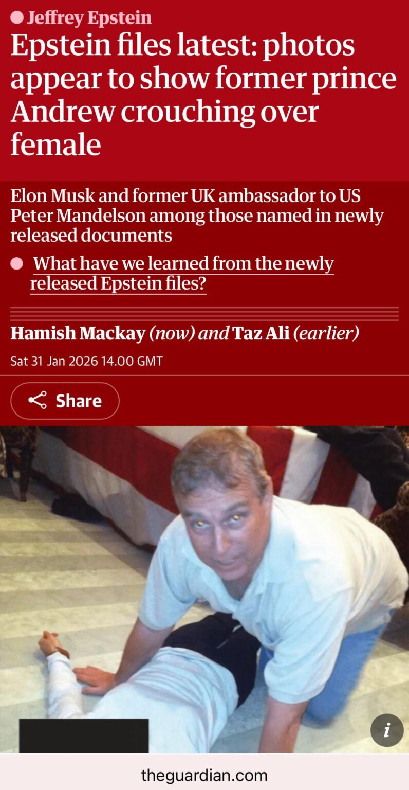 Newly Released Epstein Files include Photo of Former Prince Andrew Crouching Over Female