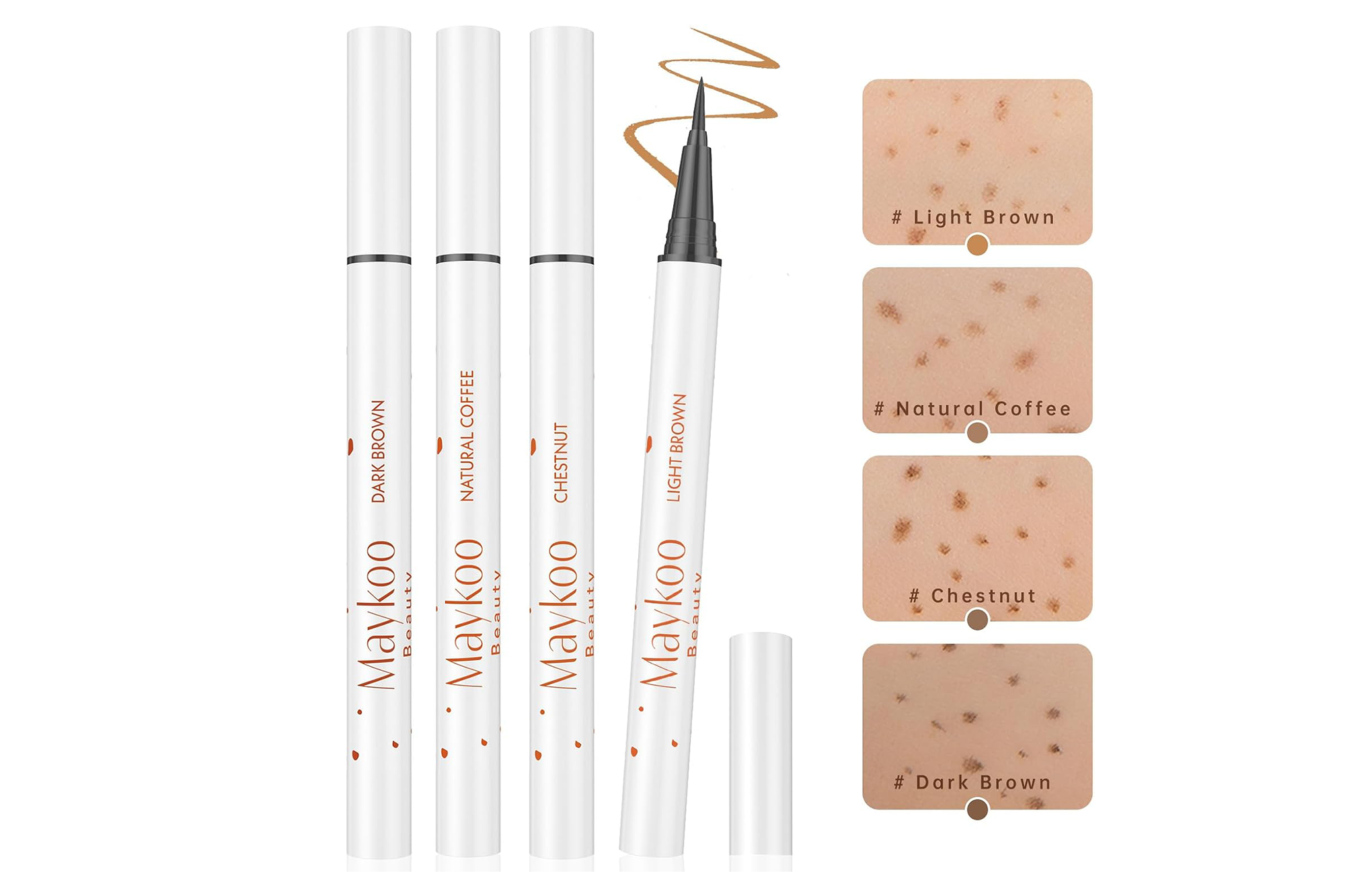 Collage of Maykoo eyebrow pencils in four shades and swatches on skin.