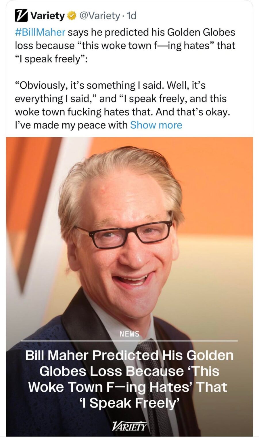 Matt Bernstein responds to Bill Maher whining: "complaining you lost because of ‘wokeness’ when the winner was RICKY GERVAIS"