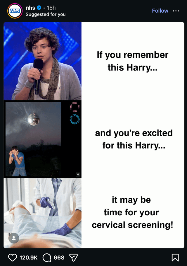 The NHS shares a Harry Styles-themed post reminding eligible people to book a cervical screening