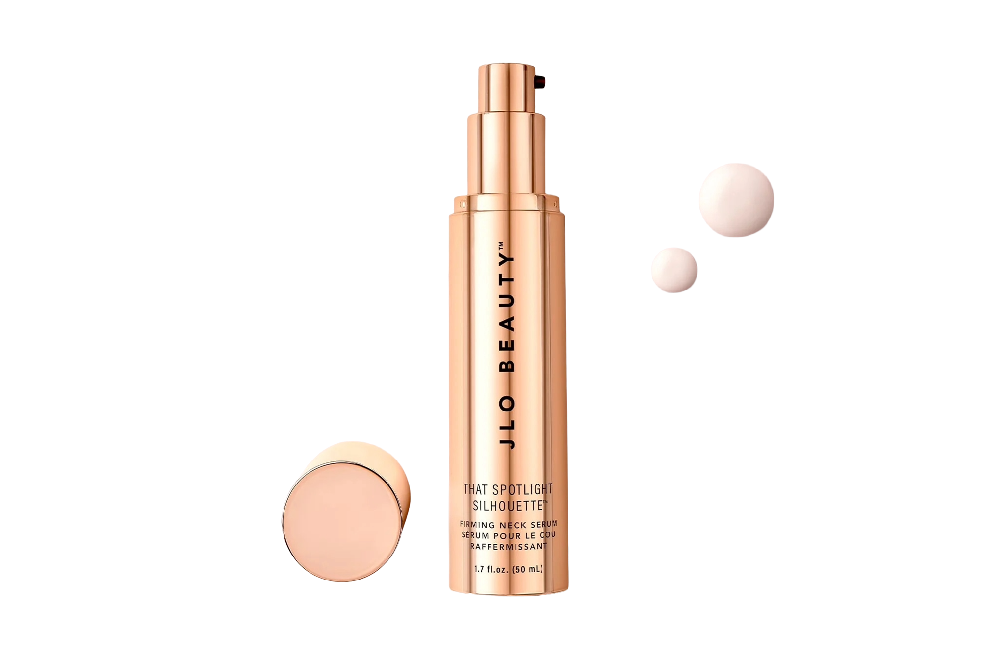 JLO BEAUTY THAT SPOTLIGHT SILHOUETTE Firming Neck Serum bottle in rose gold, with two drops of serum.