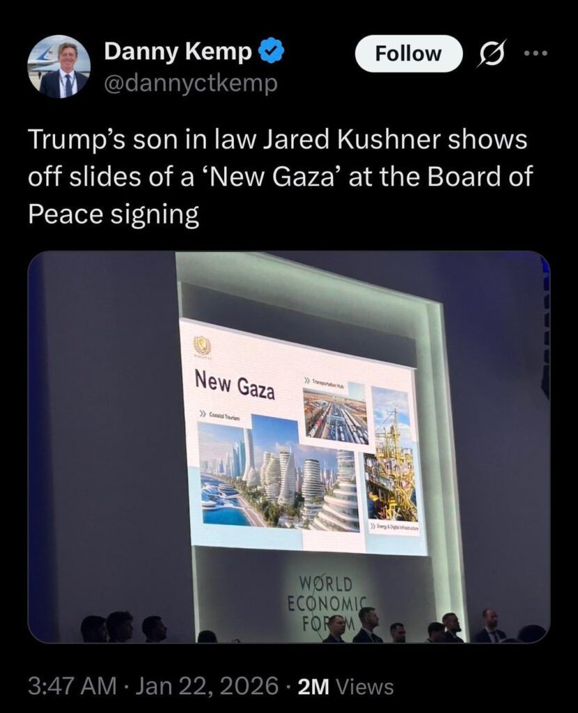 Jared Kushner unveils a new "master plan" to "redevelop" Gaza and Rafah at Board of Peace event