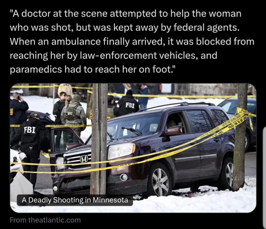 A doctor at the scene attempted to help the woman who was shot, but was kept away by federal agents. When an ambulance finally arrived, it was blocked from reaching her by law-enforcement vehicles, and paramedics had to reach her on foot.