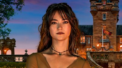 A young woman in a light brown top is set against the backdrop of a castle by night