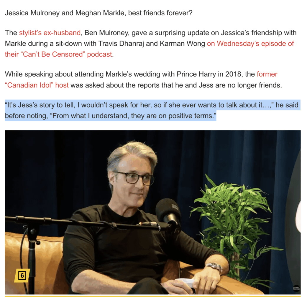 Ben Mulroney says wife Jessica is still on good terms with Meghan but declined to comment further - "it's her story to tell"