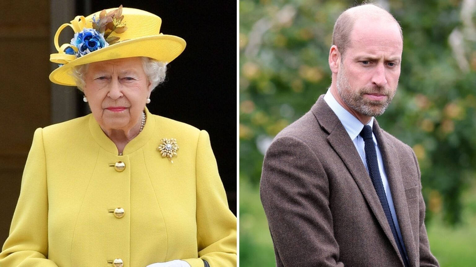 A composite of a picture of Queen Elizabeth in 2017 and Prince William in 2025