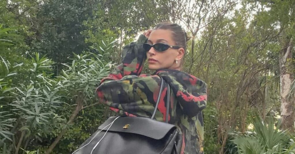 Hailey Bieber Pairs Camo with a Very Big Chanel Bag
