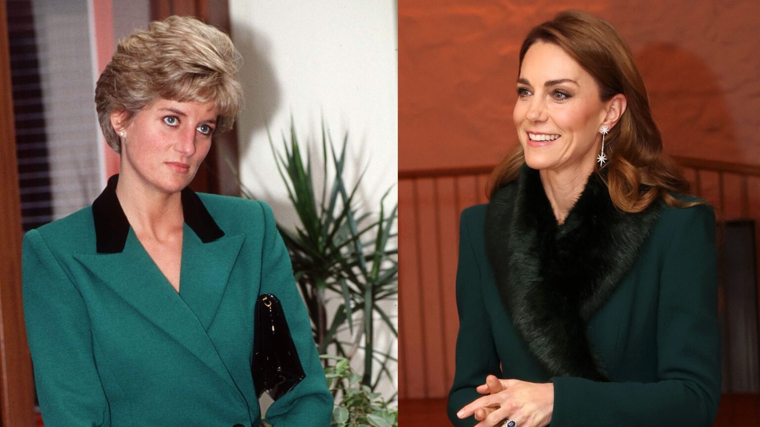 Princess Diana wearing a green blazer and frowning; Princess Kate wearing a green coat and smiling