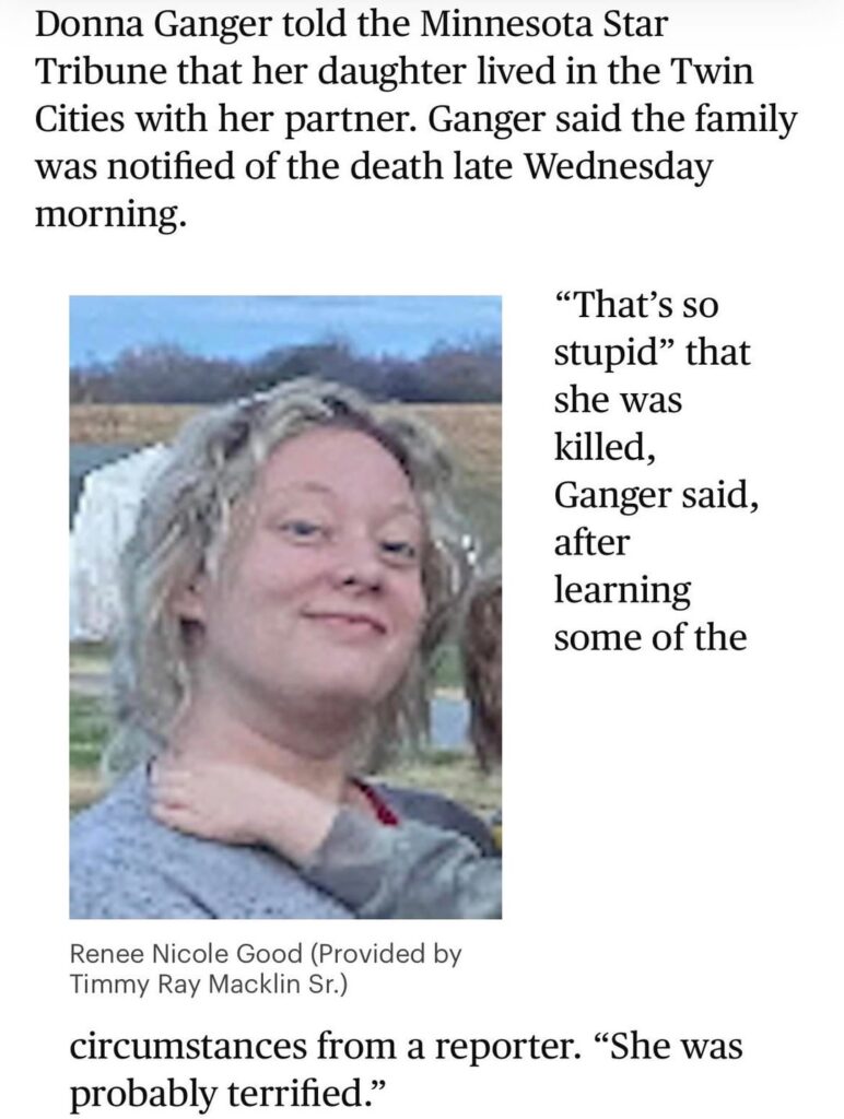 Statement from Donna Ganger, the mother of Renee Nicole Good who was killed by an ICE agent Statement from Donna Ganger, the mother of Renee Nicole Good who was killed by an ICE agent