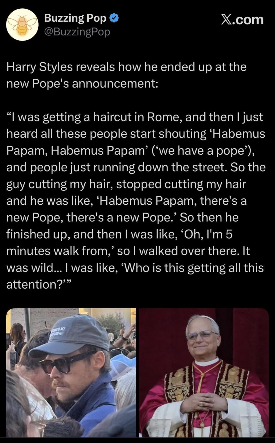 Harry Styles reveals how he ended up at Pope Leo’s announcement
