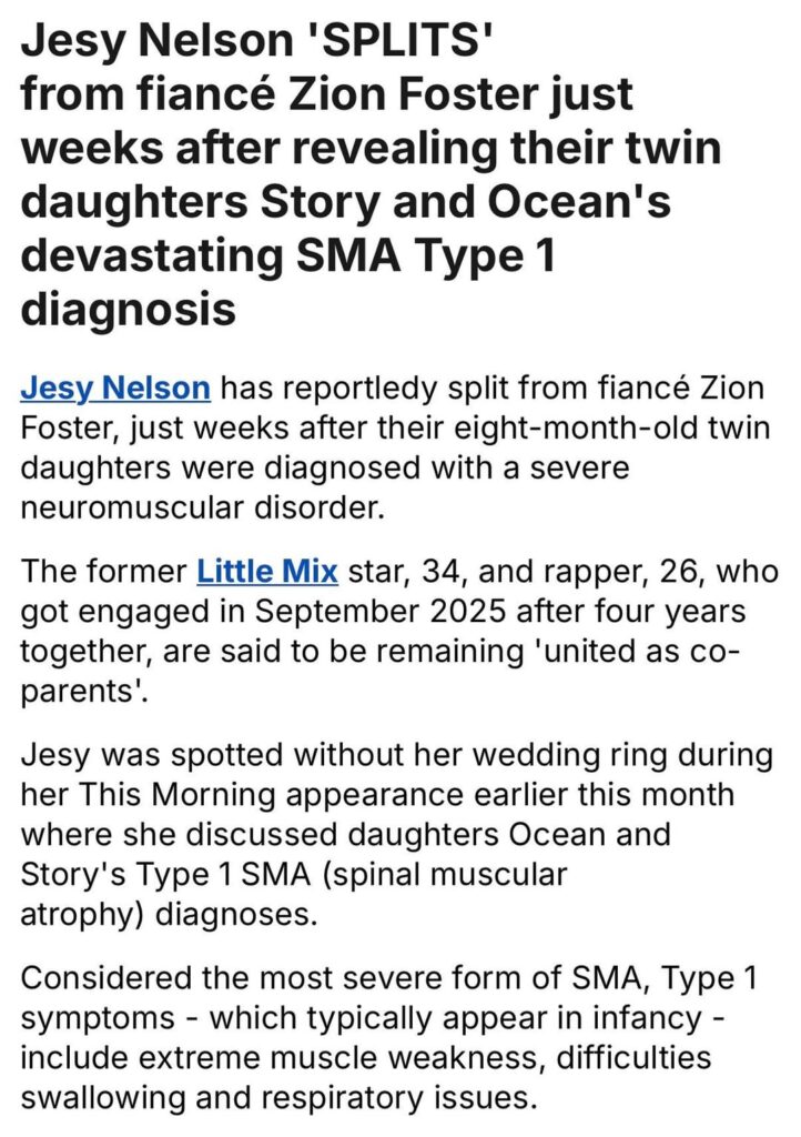 Jesy Nelson splits from fiancé Zion Foster just weeks after revealing their twin daughters Story and Ocean's devastating SMA Type 1 diagnosis
