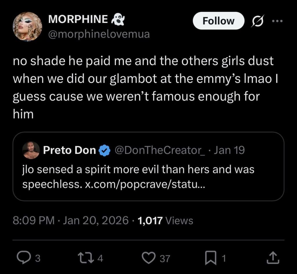 Morphine from Rupaul’s Drag Race said Glambot guy paid her and other girls dust when they did their Glambot at the Emmy’s.