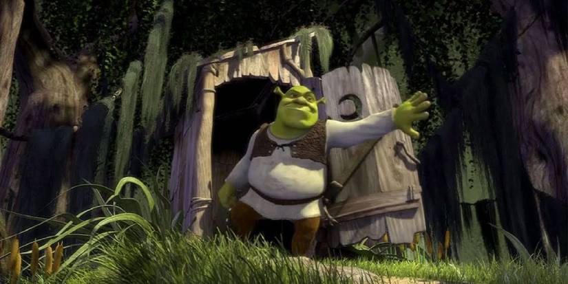 Shrek exits an outhouse in 'Shrek' 2001