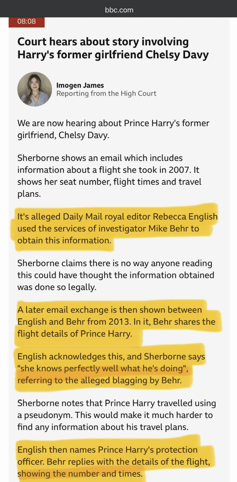 Harry alleges current Daily Mail royal editor Rebecca English hired a private investigator to track his and ex-girlfriend Chelsy Davy's travel details from 2007-2013