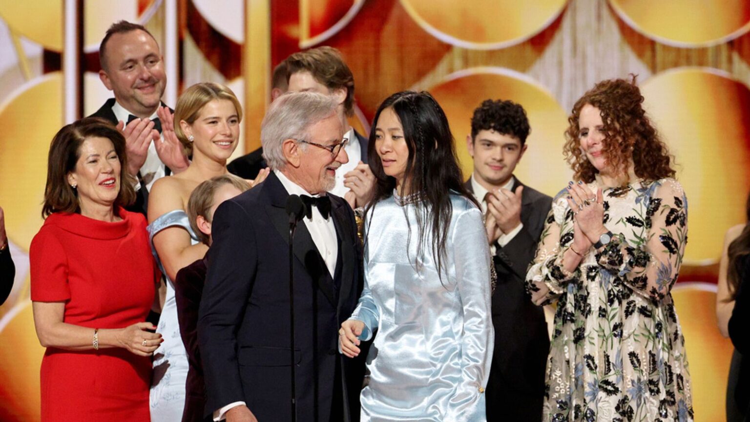 Steven Spielberg, Chloe Zhao and Hamnet cast members as they accept the award for best film - drama. Pic: Kevork Djansezian/CBS Broadcast
