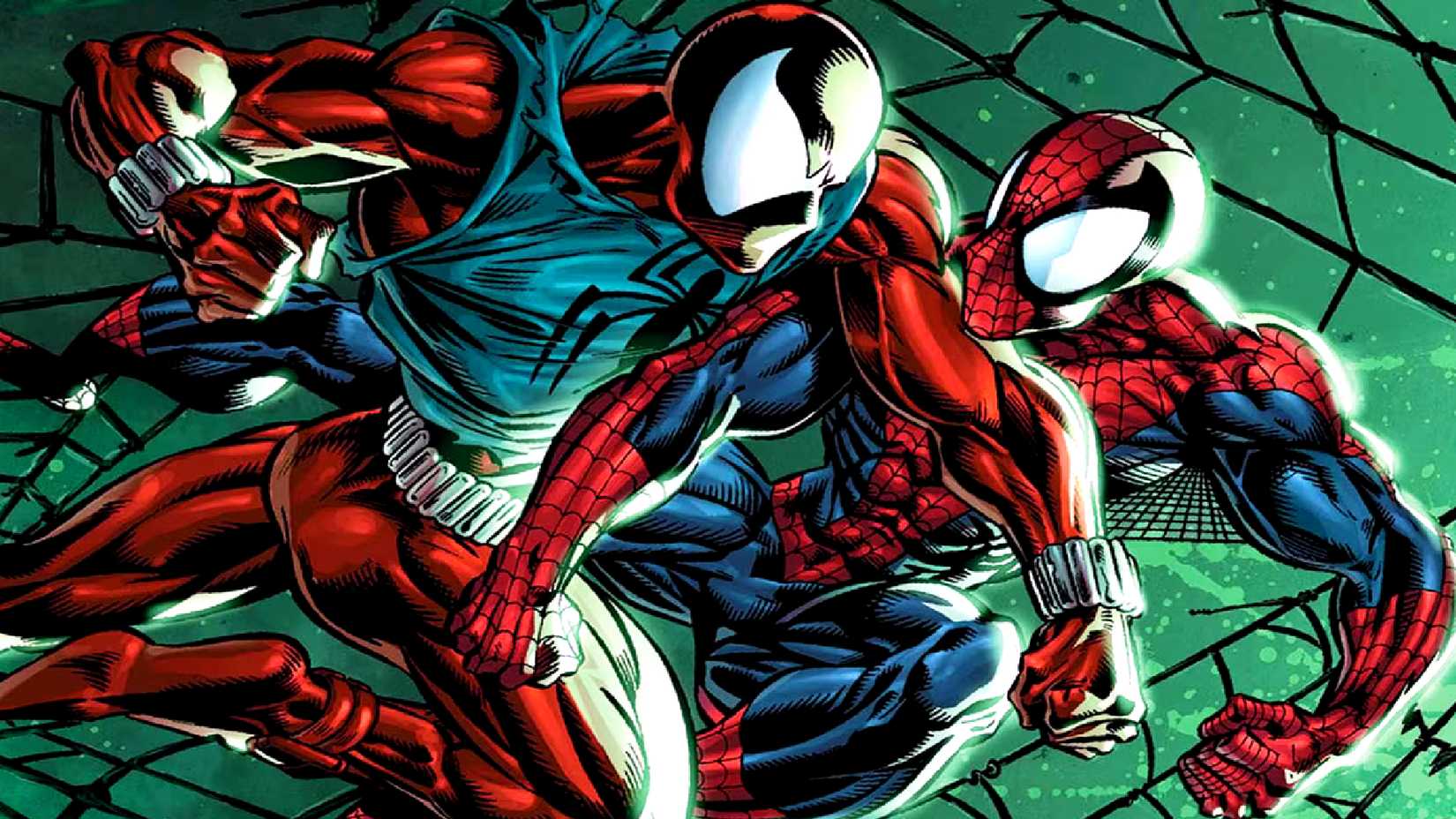 Spider-Man fights Ben Reilly on a spider web in Marvel's Clone Saga
