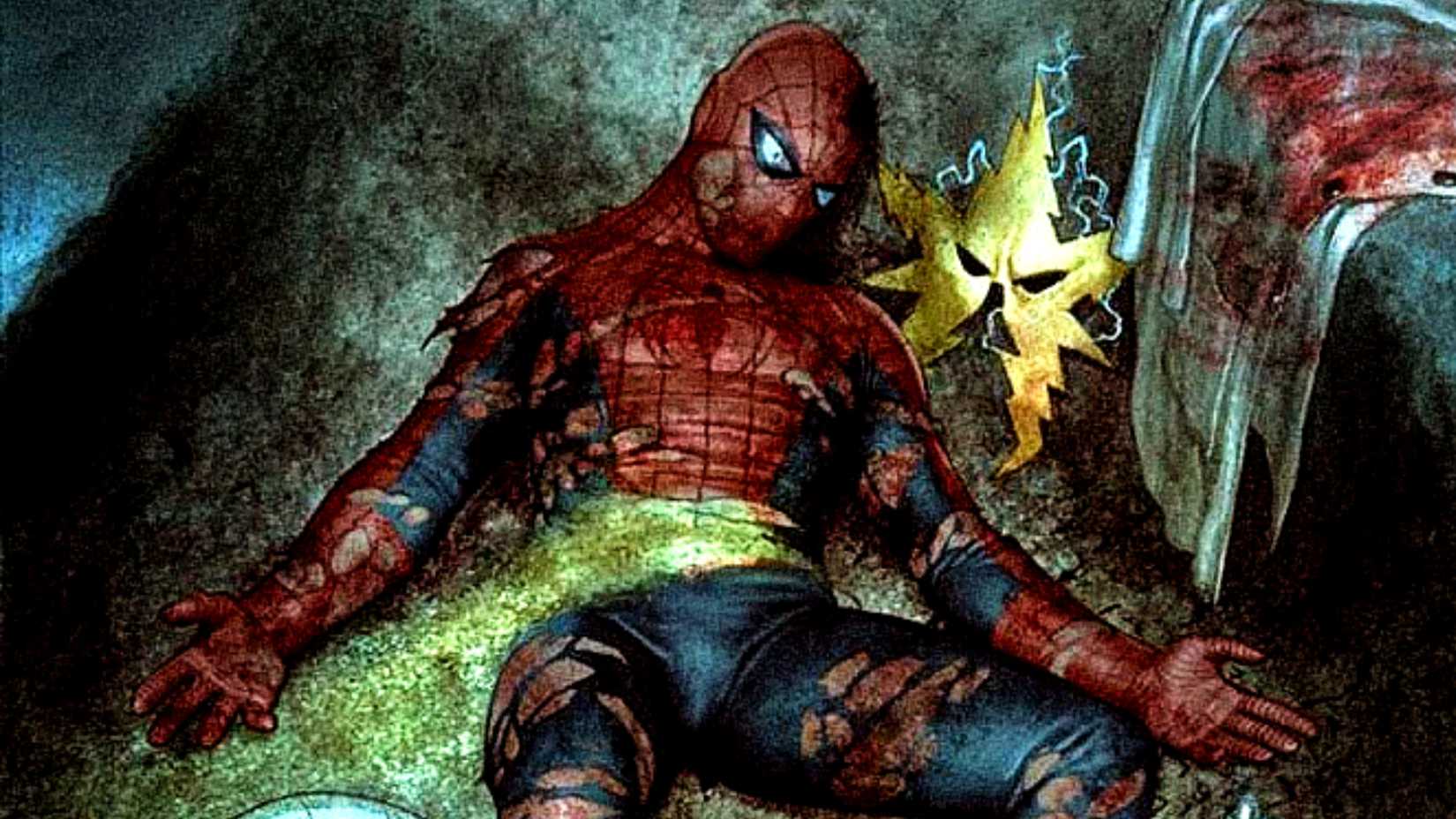 Spider-Man lies in a grave surrounded by the Sinister Six's masks and costumes
